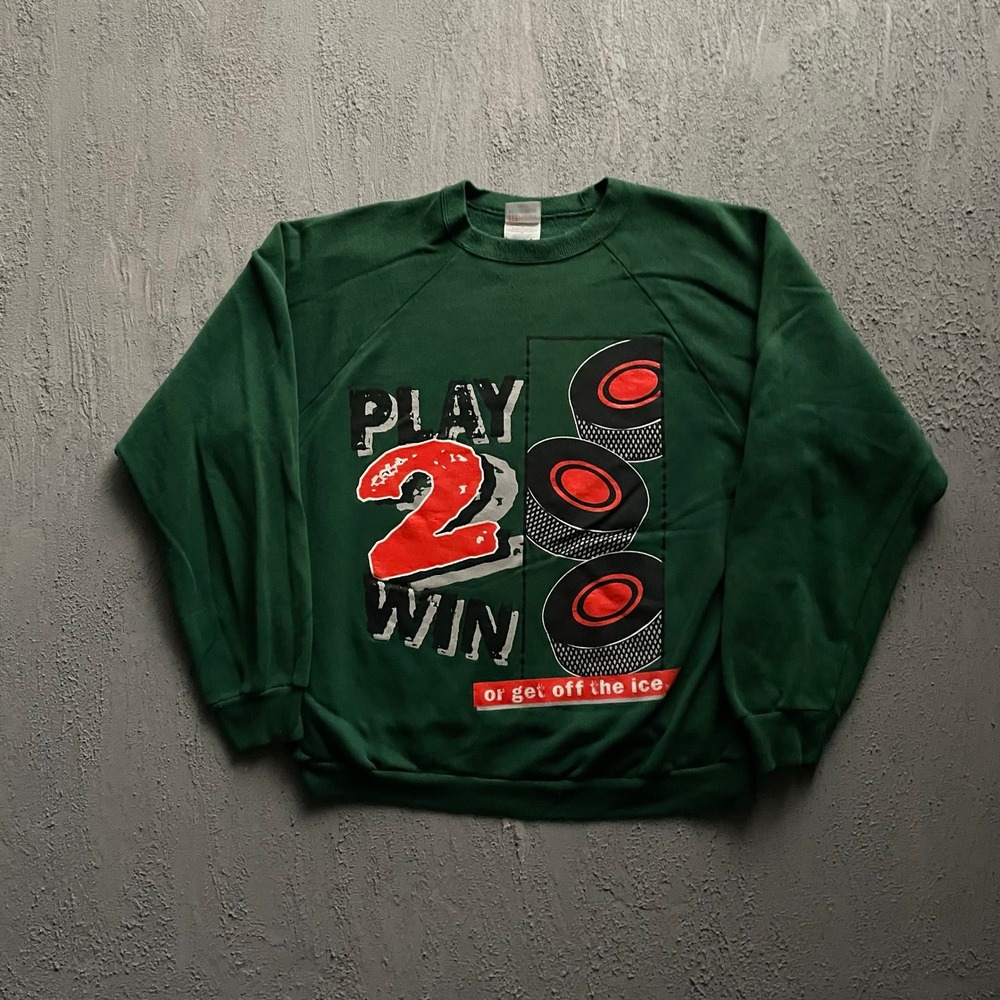 Vintage Play 2 Win Hockey Sweatshirt Mens XL Green 90s Hanes Activewear